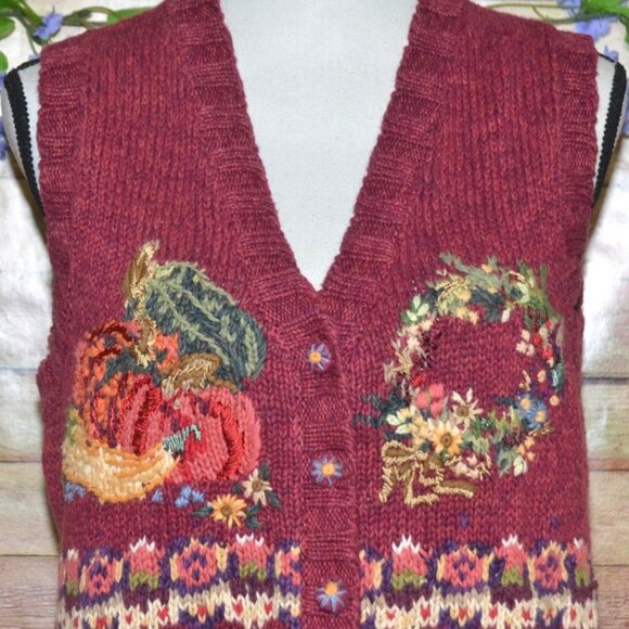 Vintage Heirloom Collectibles Size M Button Up Cardigan Vest Sweater Fall Scene - Picture 2 of 14
